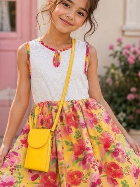 Real Love Girl's Sleeveless Lace Top Floral High-Low Dress & yellow purse